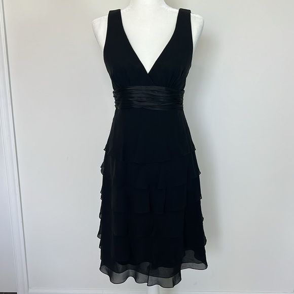 BCBGMaxAzria Black Silk Chiffon Ruffle Satin Empire Waist Cocktail LBD Dress - Picture 1 of 17